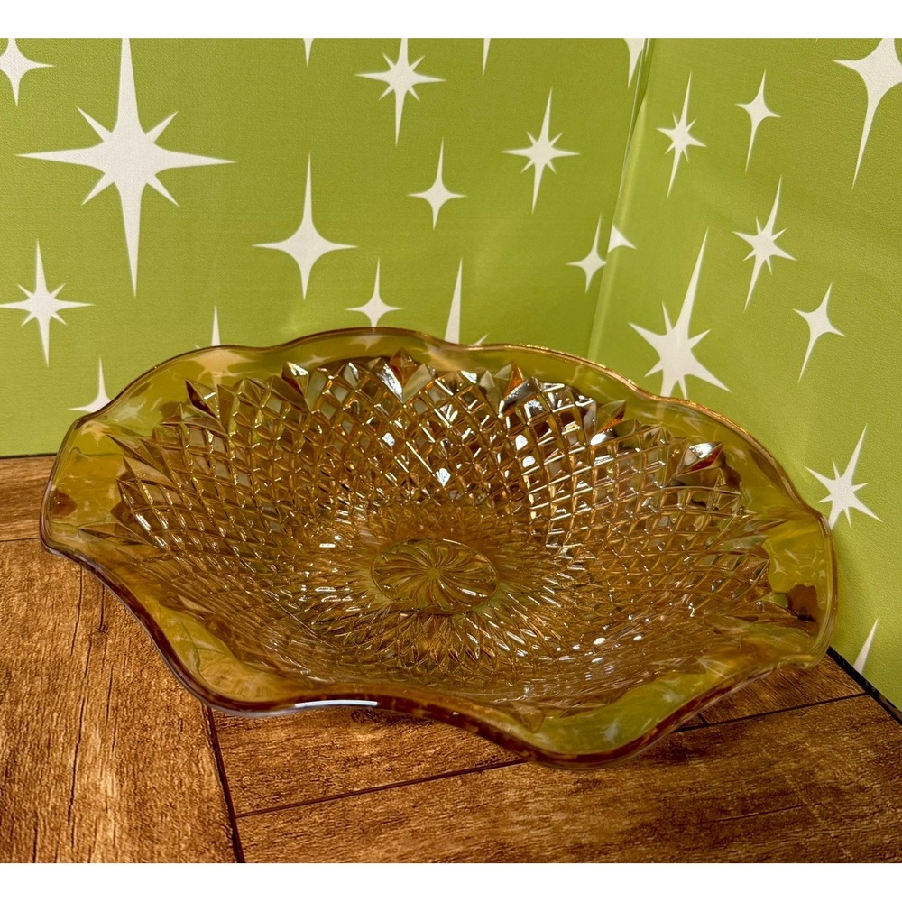 Vintage Amber Orange Carnival Glass Ruffled Bowl 11" D Diamond Quilt Pattern